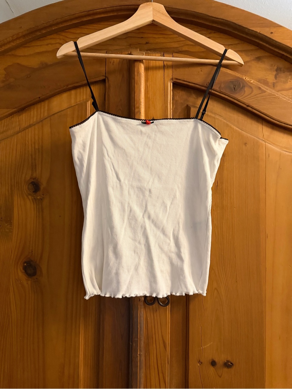 Zara Cream Ribbed Cami with Black Straps and Red Bow